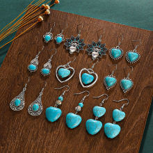 新款爱心绿松石耳环欧美ins风合金做旧几何月光石耳坠民族风耳饰