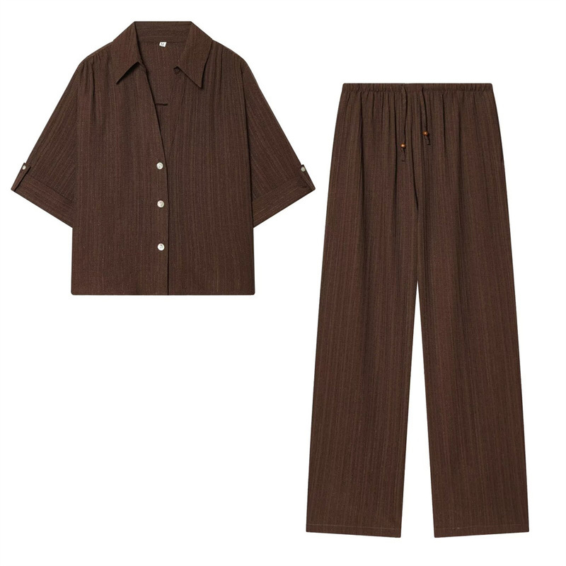Foreign Trade Summer Women's Clothing: Turn-Down Collar Short-Sleeve Casual Drape Shirt Top and High-Waisted Elastic Long Straight-Leg Pants Set