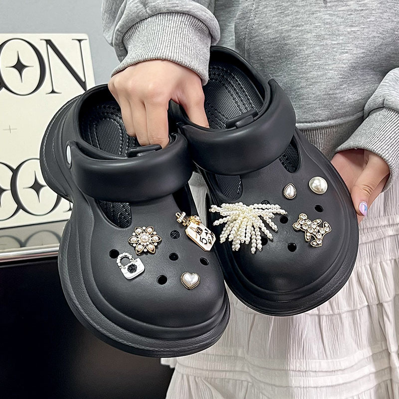 Height-Increasing Clogs for Women, Summer Outer Wear, Non-Slip Bear Pearl Flower Toe-Toe Clogs, Two-Color Thick-Soled Sandals and Slippers