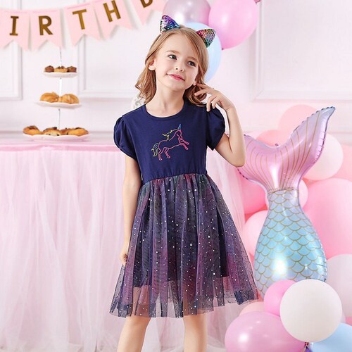 Children's dress, unicorn short-sleeve dress, kids' skirt, autumn 2024 new fashion, dreamy princess dress, trendy