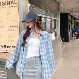 2024格纹衬衫女春夏美式学院宽松百搭格子上衣长袖防晒衬衣外套薄