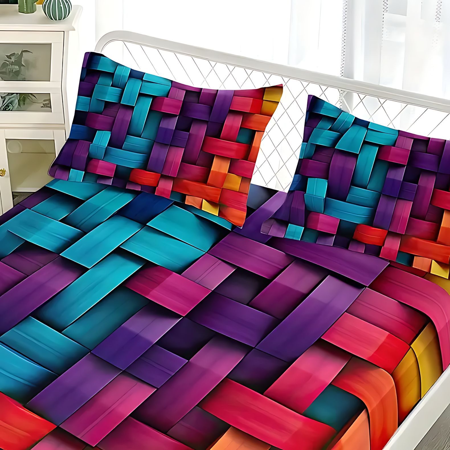 TEMU / JIT Transfronterizo 3D Impresión Digital Color Geométrica Plaid Bed Kit