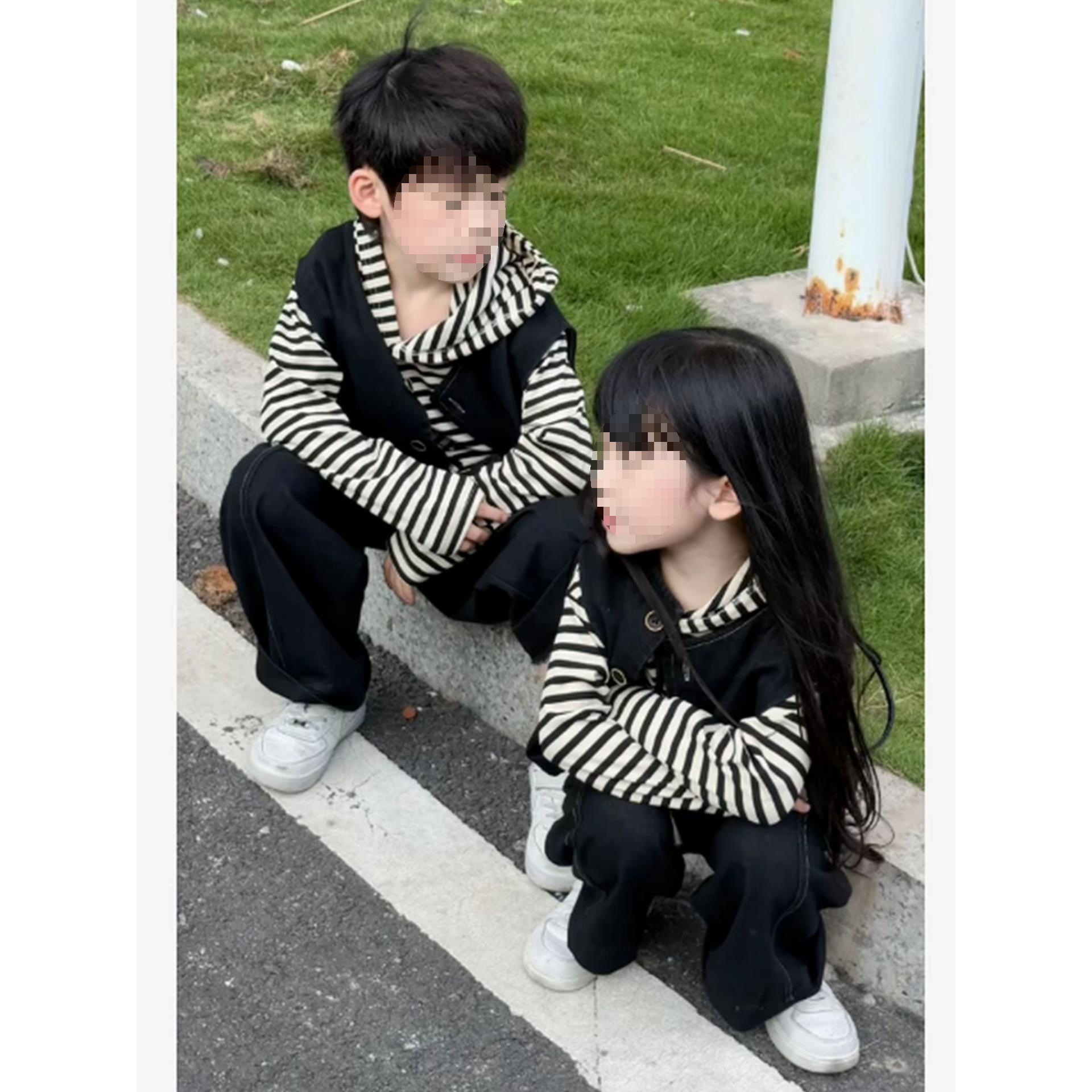 Korean Style Handsome Dragon and Phoenix Twin Brother and Sister Outfit Autumn Vest Base Denim Pants Three-Piece Set in Stock Men's Rabbit Fur