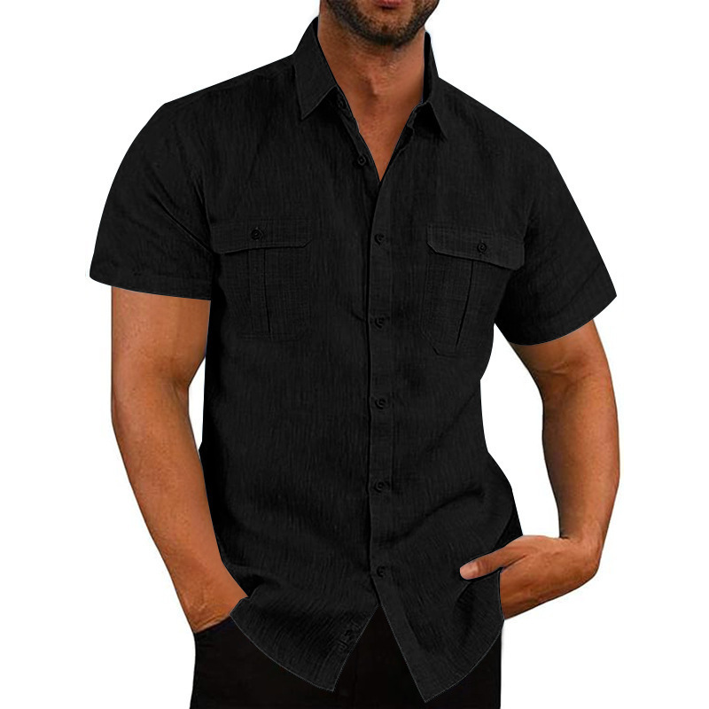 Transfronterizo Europa y América Amazon 26 camisa de verano de hombre de manga corta bolsas de color sólido Cardigan camisa de lino con solapa suelta