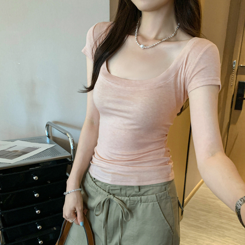 Hot Selling Lyocell Tencel Pink U-Neck Right Shoulder Short-Sleeved T-Shirt for Women 2025 Summer New Style Unique and Beautiful Top Hot Selling Lyocell Tencel Pink U-Neck Right Shoulder Short-Sleeved T-Shirt for Women 2025 Summer New Style Unique and Beautiful Top