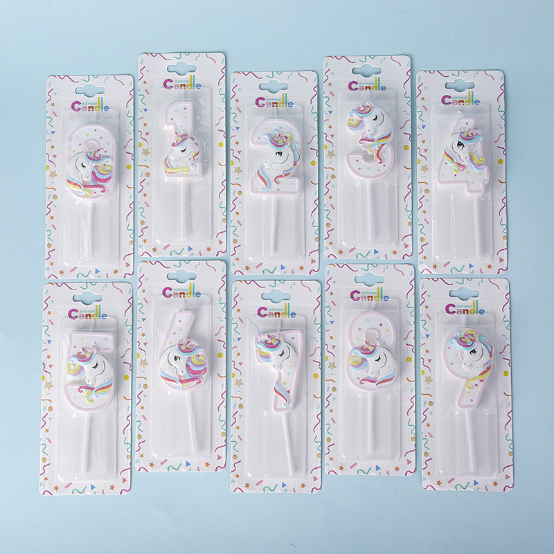 Nueva vela digital de unicornio de viento rosa 0 - 9 años de edad bebé torta de fiesta decoración vela de cumpleaños