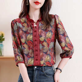 中袖荷叶领衬衫女2025春夏新款蕾丝拼接印花气质减龄时尚上衣批发