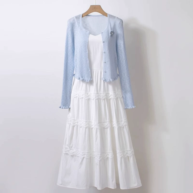 Супер сказочная юбка на подтяжках, комплект из двух предметов, вязаный жакет, платье, женский весенне-летний новый модный костюм, юбка