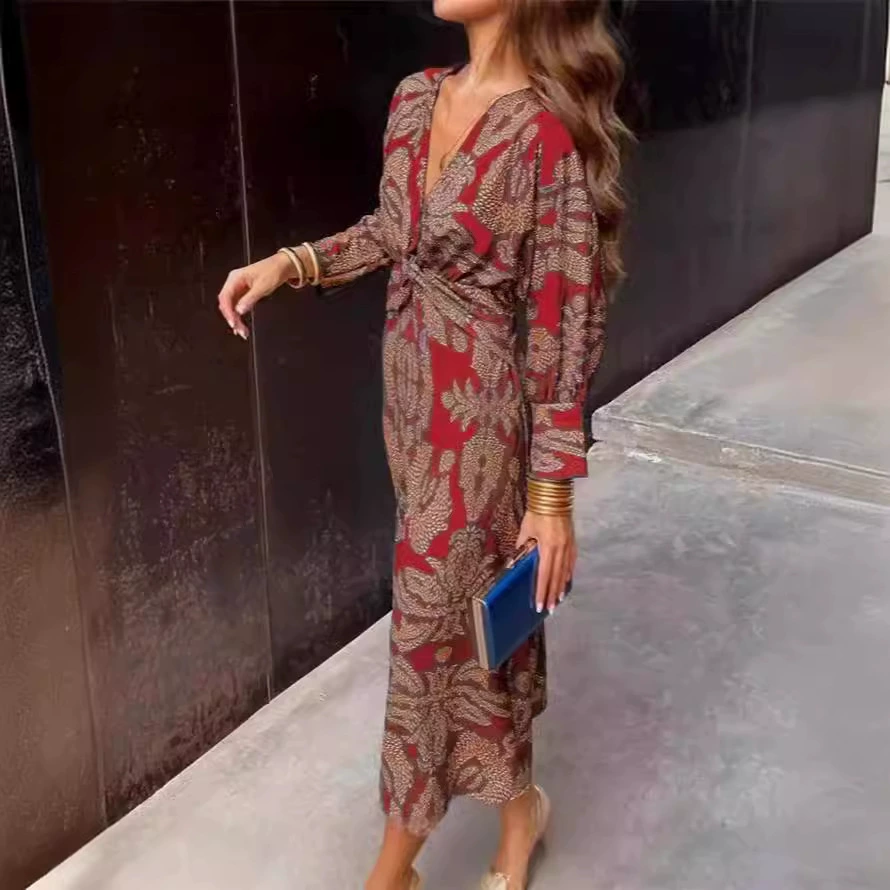 Трансграничный экспорт 2024, независимая станция Amazon, осеннее новое платье средней длины с v-образным вырезом и принтом для женщин