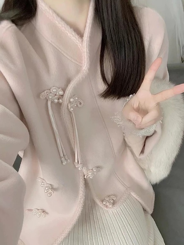 新中式粉色小香风外套女秋冬2025新款小个子加厚中长款毛呢大衣|undefined