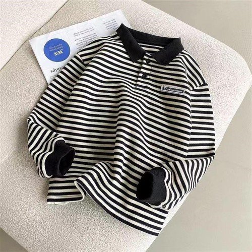 Children's Autumn Long-Sleeve Polo Shirt Black and White Striped Korean Version Top for Boys and Girls Base Layer for Middle and Large Children