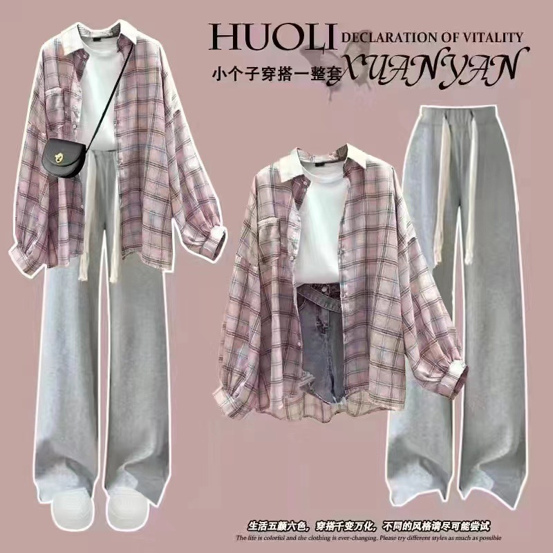 夏の女子学生韓国風ルーズ長袖チェック柄日焼け止め服シャツ+半袖Tシャツ+|undefined