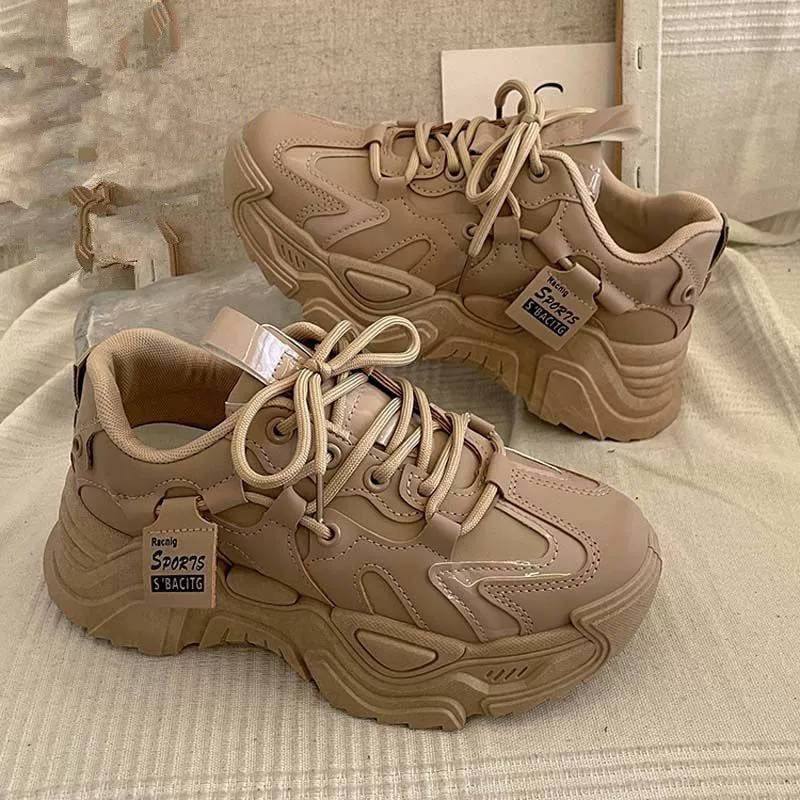 Platform Spring Sneakers, Korean Style, Women's Chunky Casual Sports Shoes, Leather & Mesh