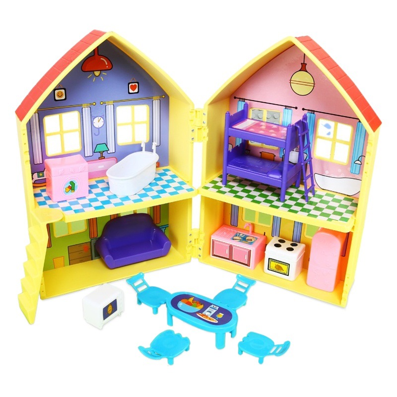 Peppa Pig amarillo de doble cara Casa de doble capa Villa Peppa Familia cuatro niñas Princesa niños juegan juguetes de la casa