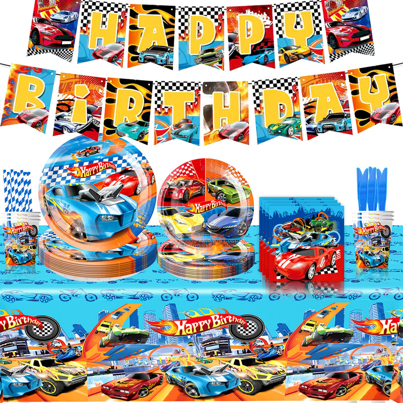 Cross-Border Hot Wheels Racing Theme Kidsren's Birthday Party Tableware Paper Plates Paper Cups Tissue Paper Decoration Set Decorations