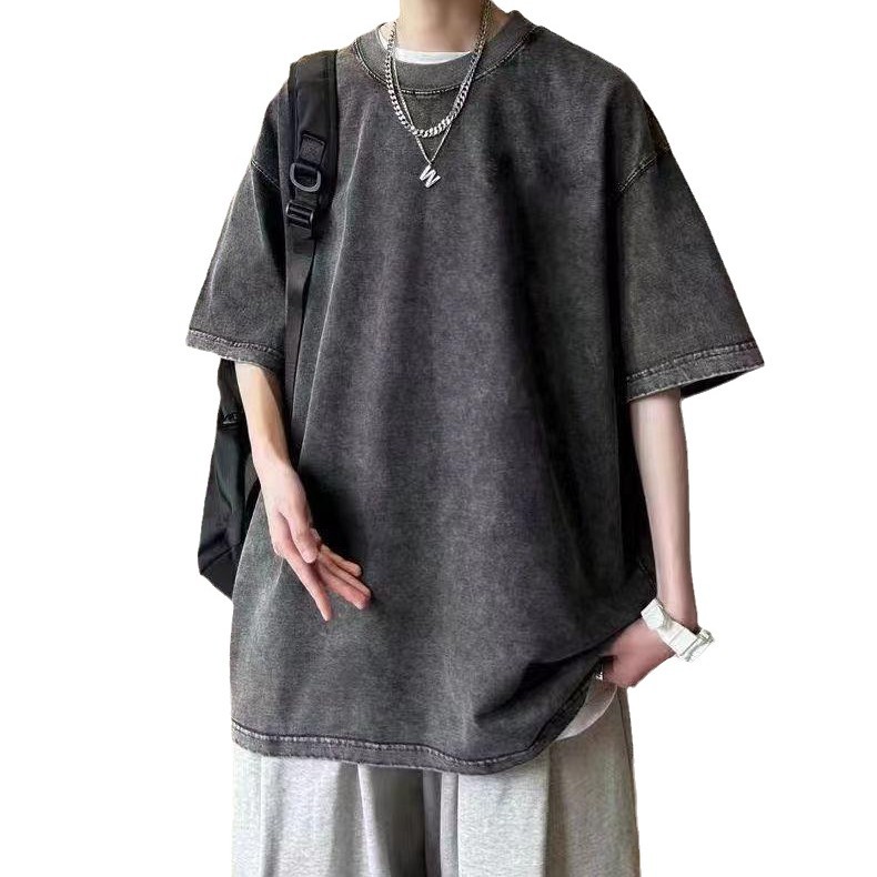 Transfronterizo europeo y americano pesado copo de nieve frito algodón retro lavado y viejo OVERSIZE camiseta de manga corta personalizada de marca de moda de bricolaje