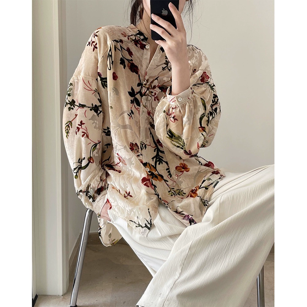 Новая летняя бархатная рубашка в корейском стиле в стиле ретро в дворцовом стиле с принтом, свободный утягивающий повседневный драпированный топ для женщин