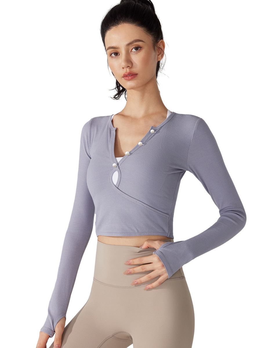 Otoño e invierno con cuello en V hilo de secado rápido deportes manga larga expuesta ombligo ins running fitness Top apretado adelgazamiento ropa de Yoga para Mujeres