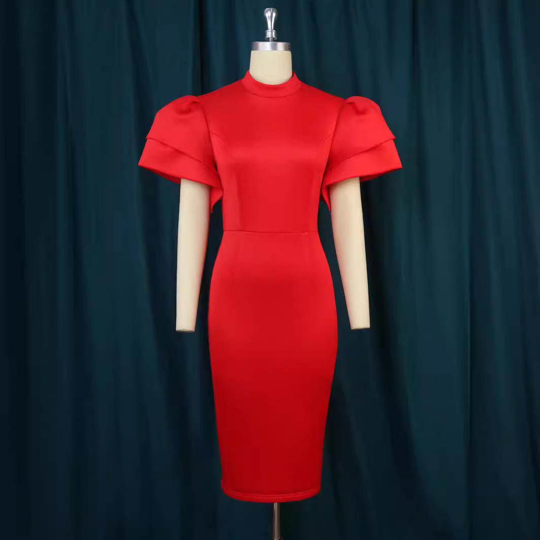 Abbigliamento donna AM221202 vestito da cocktail party con maniche a tromba e colletto alto piccolo firmato_voghion.com