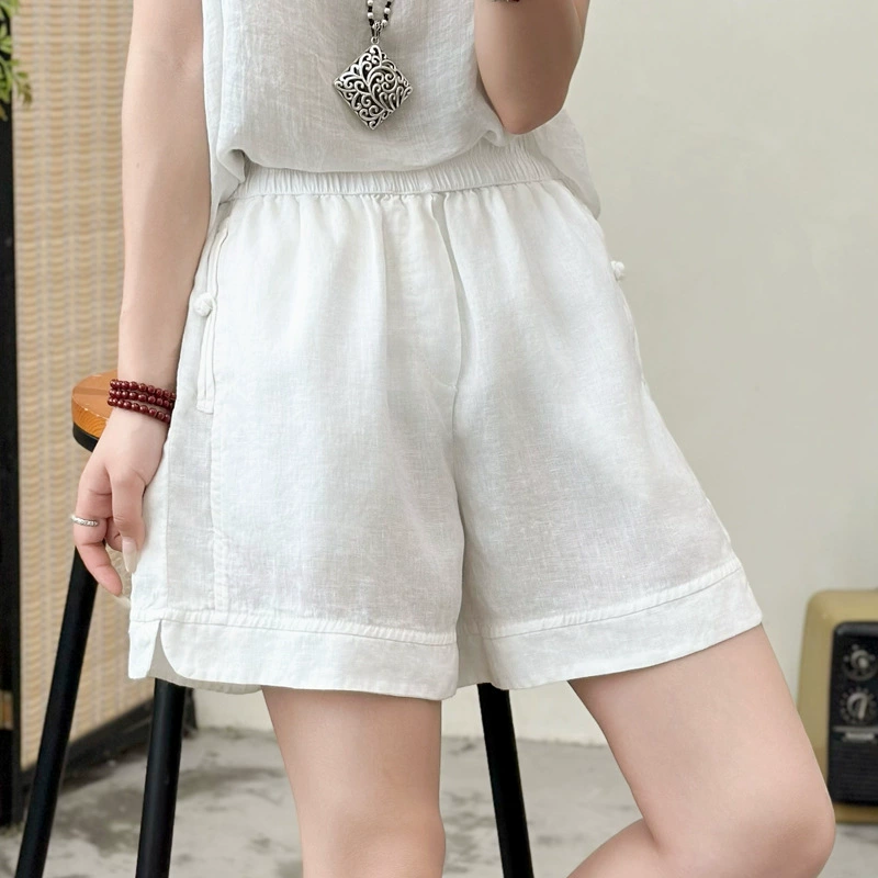 2025 новые летние оригинальные льняные шорты для женщин, свободные ретро-шорты с пряжкой, утягивающие, модные белые шорты и льняные брюки