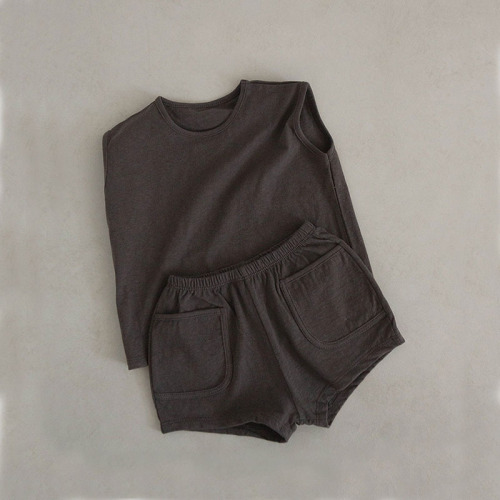 Korean summer thin vest suit for infants and young children cotton pocket shorts simple baby cute sleeveless suit