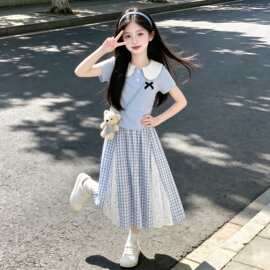女童短袖格子裙套装2026新款夏季儿童卡通娃娃领T恤半身短裙甜美8