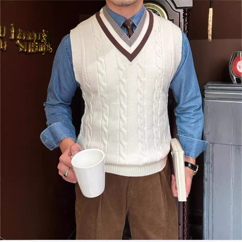 Black and White Contrast Casual All-match Knitted Vest Men's Autumn and Winter British Wear Fashion V-neck Sleeveless Sweater Vest