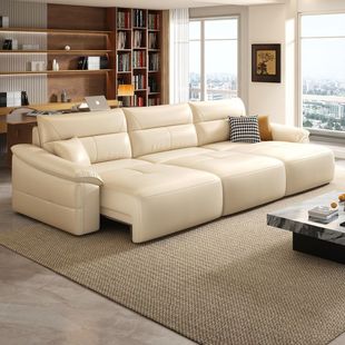 Cream Style Electric Functional Sofa 2025 New Zero-Wall Retractable First-Layer Cowhide Sofa Bed with Dual Use