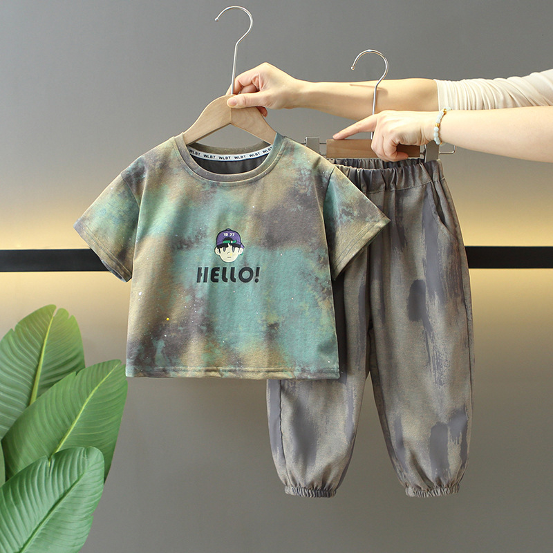 7276 Traje de verano para niños 2025 Nuevo estilo fresco y atractivo Ropa de verano para bebés de dos piezas de manga corta con teñido anudado para niños