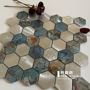 Internet Celebrity Small Hexagonal Mosaic Tiles Blue White Gray Ceramic Hexagonal Kitchen Bathroom Stainless Steel Puzzle