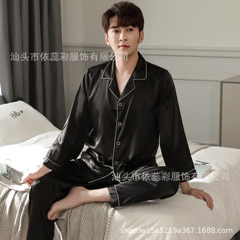 YIRUICAI 봄과 가을 남성 잠옷 긴팔 얼음 실크 얇은 가디건 대형 검은 옷깃 여름 실크 가정복