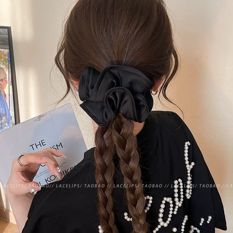 52#Black pleated ruffled hair tie, approximately 13cm