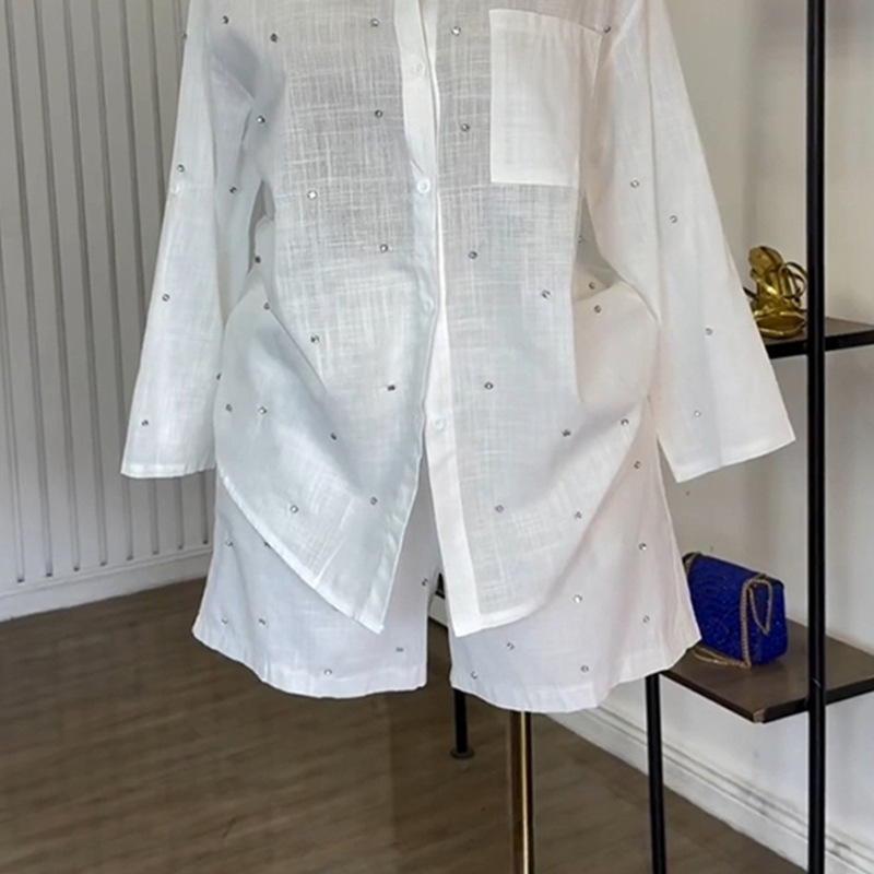 ヨーロッパとアメリカのクロスボーダー婦人服 2025 夏の新ファッションラペル七分袖ビーズシャツワイドレッグショーツスーツ|undefined