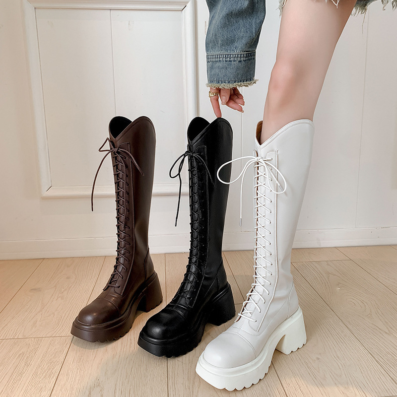 Brown Boots women's knee-high High Heel lace-up Knight boots thick bottom slimming chubby girl big boots Brown Boots women's knee-high High Heel lace-up Knight boots thick bottom slimming chubby girl big boots