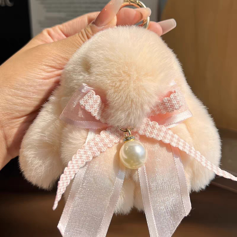 Cute conejo real peludo arco perla pequeño conejo llavero de coche colgante muñeca de peluche bolsas colgante