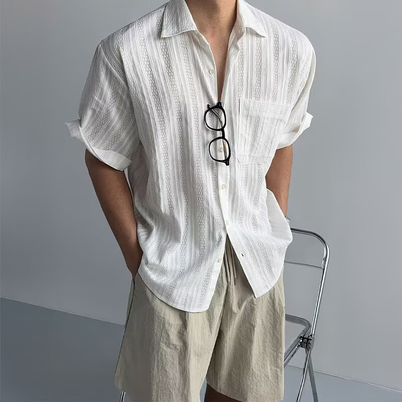 Japanese Retro Hollow Mesh Short-Sleeved Shirt for Men, Summer Lightweight Cardigan Shirt, High-End Casual Jacket