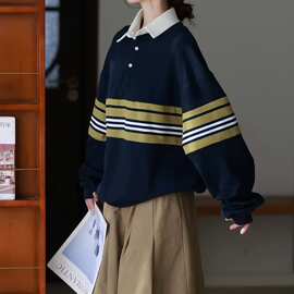 原品女装秋季新品慵懒风条纹翻领长袖卫衣显瘦减龄纯棉上衣