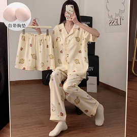 睡衣女夏季新款云朵棉三件套带胸垫小翻领短袖短裤休闲家居服套装