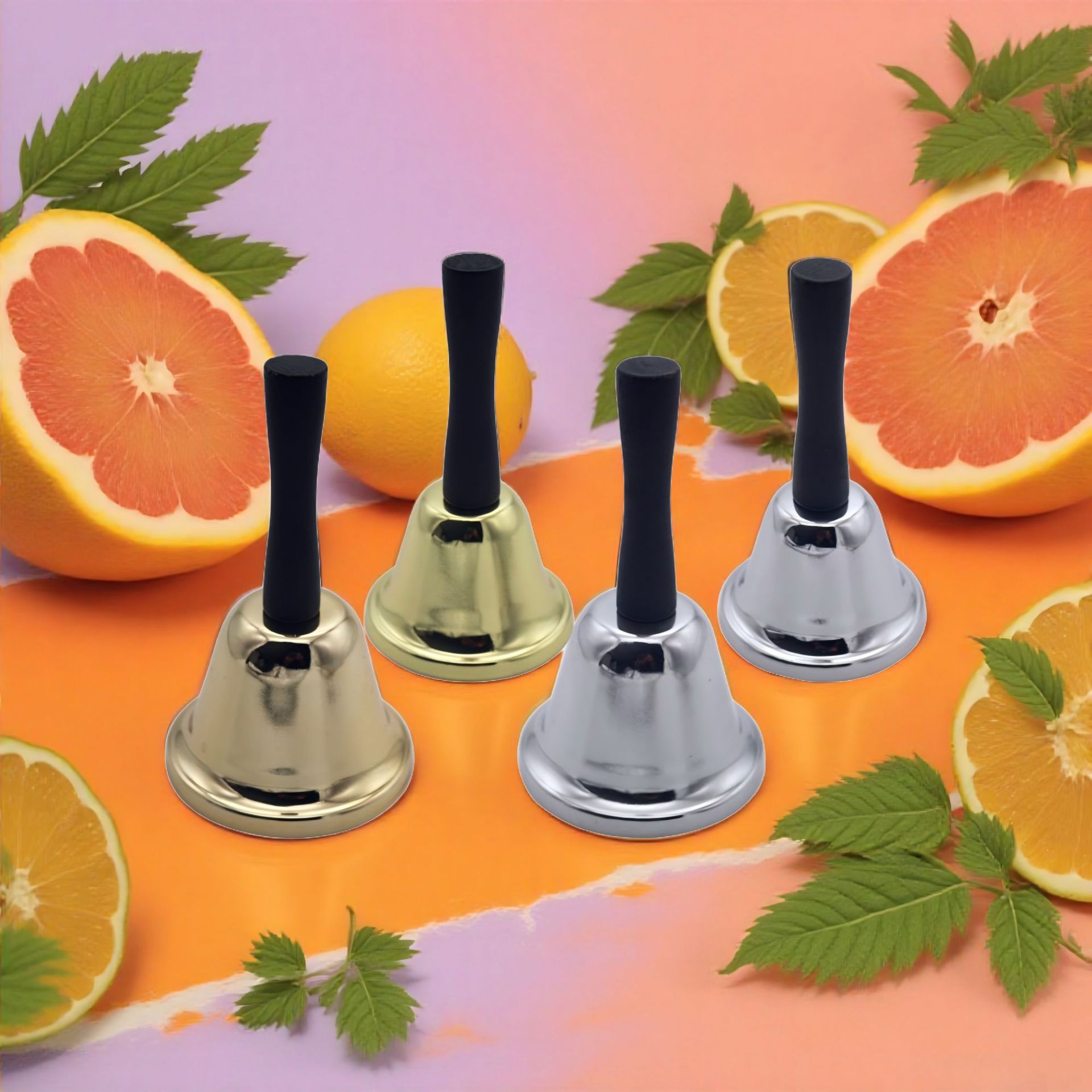 Cross-Border Wholesale Metal Bell with a Bottom Diameter of 75mm and a Height of 130mm, Hand-Cranked Metal Bell with Chrome-Plated Surface and Environmentally Friendly Materials
