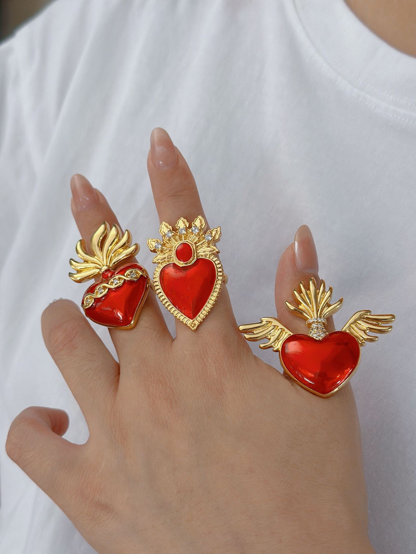 Copper-Plated Gold Red Drop Oil Heart Wings Ring Inlaid Zircon Gothic Bracelet Adjustable Mouth display picture 4