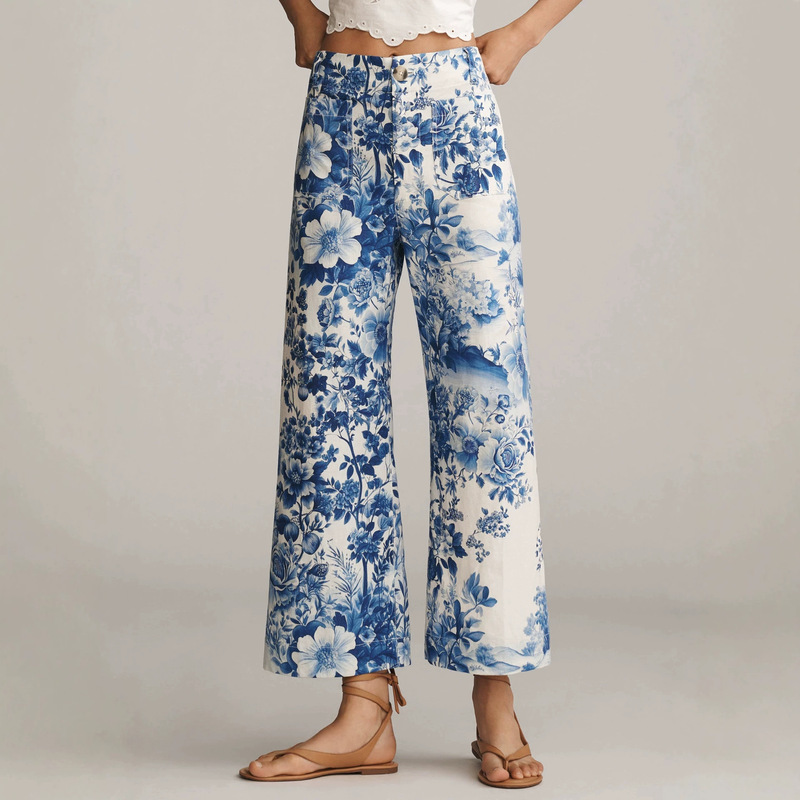 European and American cross-border popular printed high-waisted cropped wide-leg pants for women, with pockets, loose fit, slimming, holiday style, straight casual pants European and American cross-border popular printed high-waisted cropped wide-leg pants for women, with pockets, loose fit, slimming, holiday style, straight casual pants
