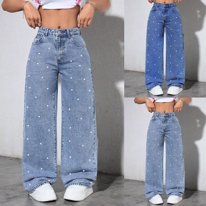 Cross-Border European and American Amazon Popular Ins Style Pearl Pure Straight Loose Versatile Wide-Leg Long Pants Washed Jeans