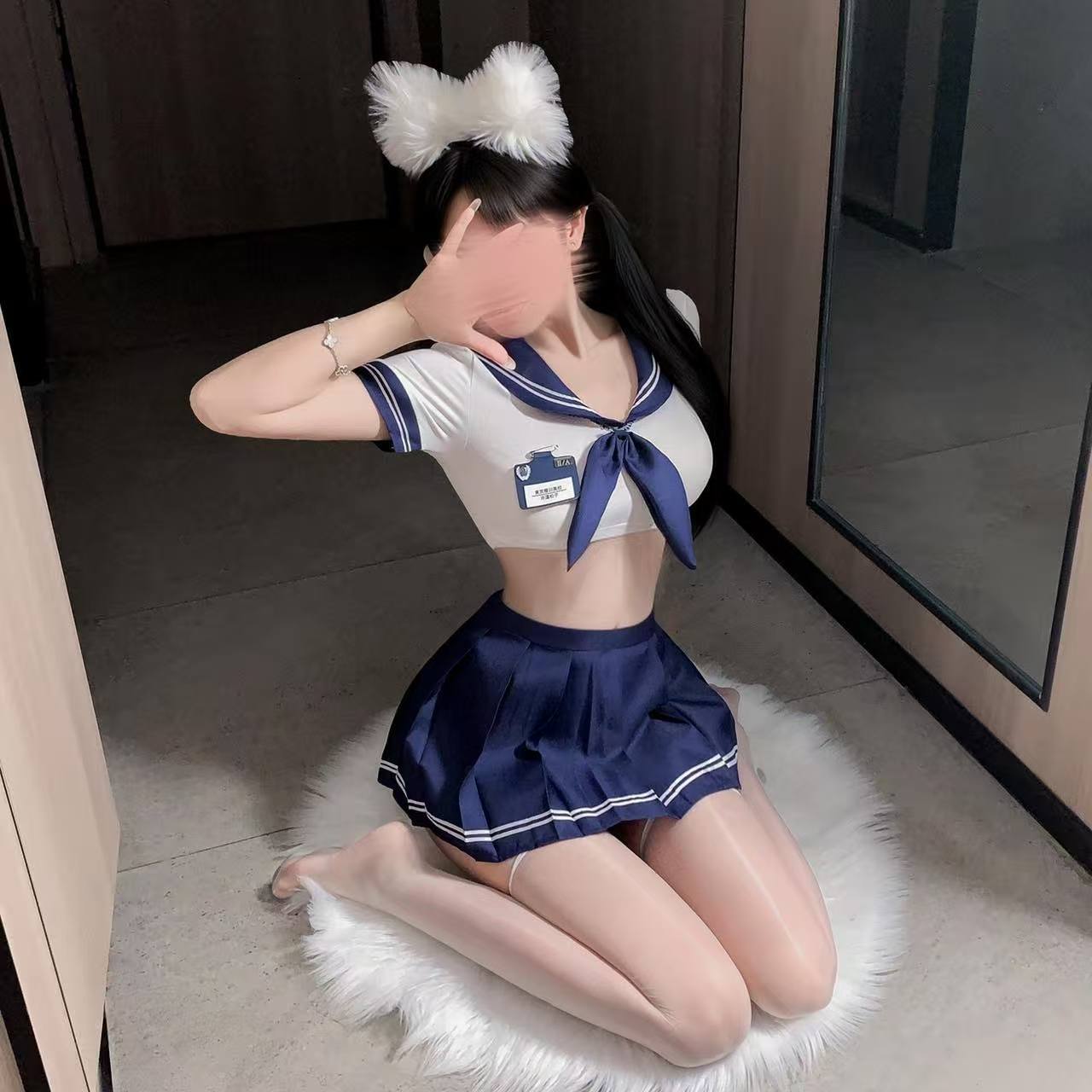 Sailor Schoolgirl Role-Play Lingerie Set with Pleated JK Skirt and White Stockings — detail image 3
