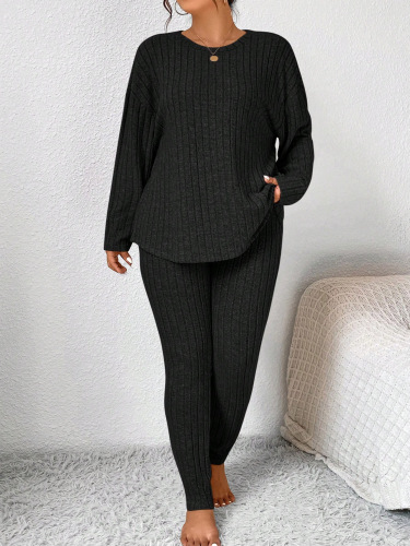 Autumn and winter solid color round collar, long-sleeved, pitch-strip top and fashionable casual pants two-piece suit oversized