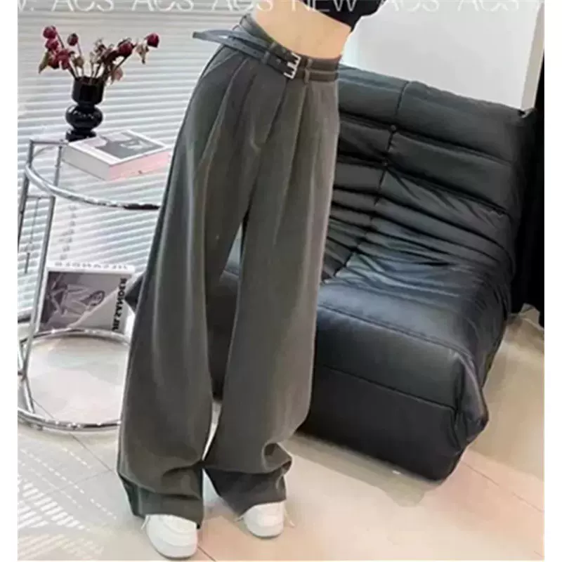 欧美时尚双腰带时尚西装裤女装高腰压褶休闲裤街拍时尚长裤西装裤