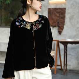 25秋冬玄夜蝶花金线刺绣真丝丝绒拼人丝提花双面穿外套113