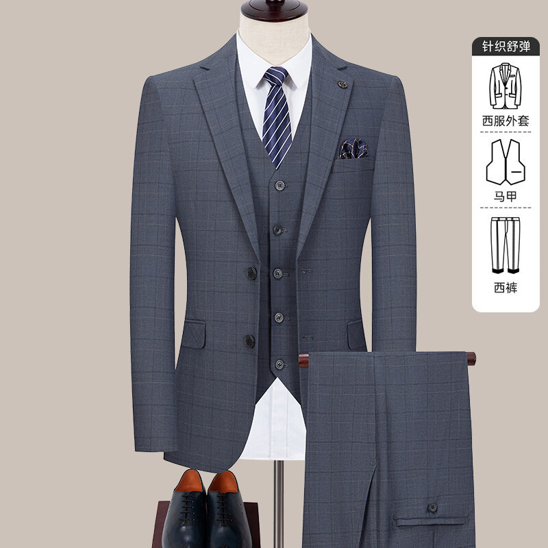 Traje de dos piezas para hombre, estilo de primavera y otoño, casual de negocios, chaqueta de traje a cuadros antiarrugas de alta gama sin planchar
