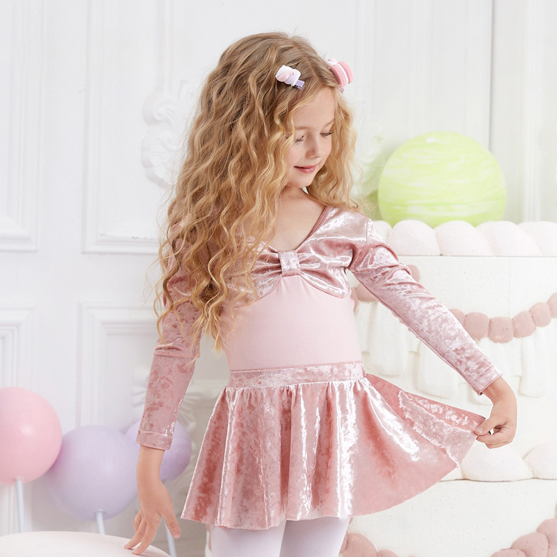 Children's Dance Clothes Girls' Long-sleeved Autumn and Winter Practice Clothes Ballet Skirt Children's Velvet Split Examination Gymnastics Clothes