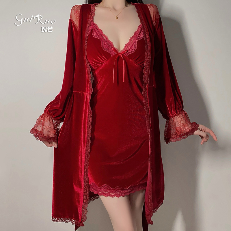 Guiruo Hot Deep V Temptation Plus Chest Pad Pajamas Light Luxury Sweet Velvet plus size Nightgown Women's Suit 4994