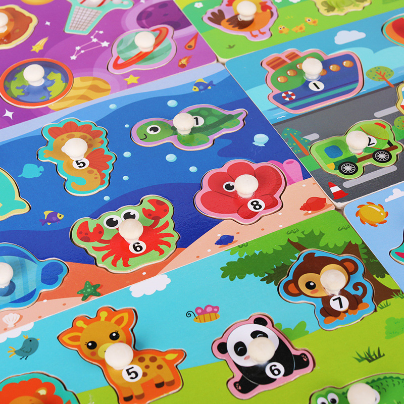 Puzzles de captura manual para niños pequeños, cognición de frutas animales, educación temprana, inteligencia, imposición de paneles de madera, jardín de infancia 1-3 años